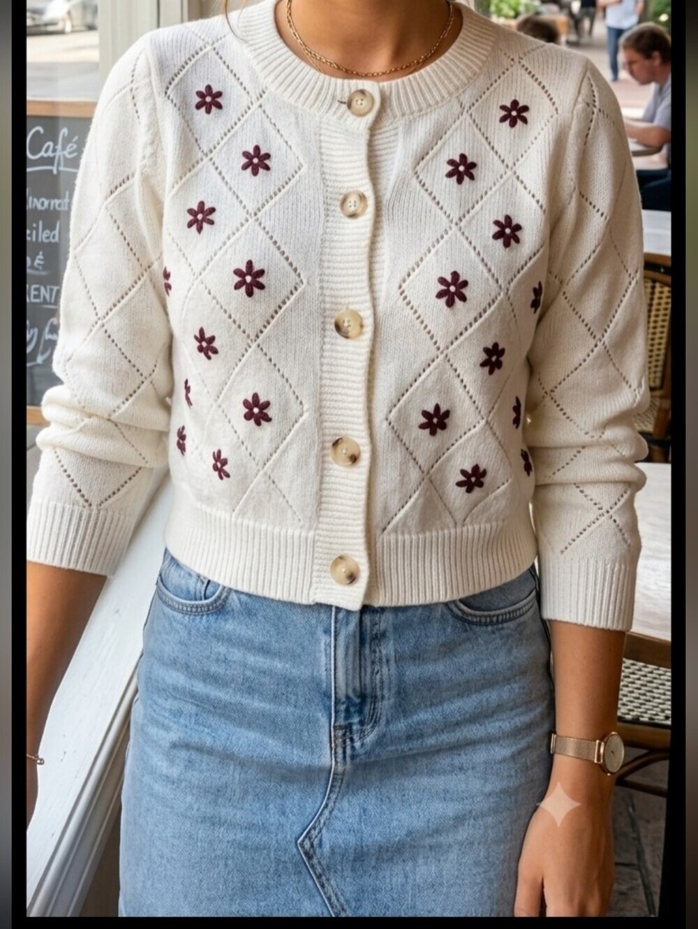 Willow & wind White Floral Embroidered Knit Button-Up Cardigan